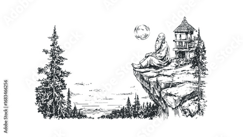 Old man with beard meditating atop cliff next to pagoda under moon. Vector hand drawn illustration