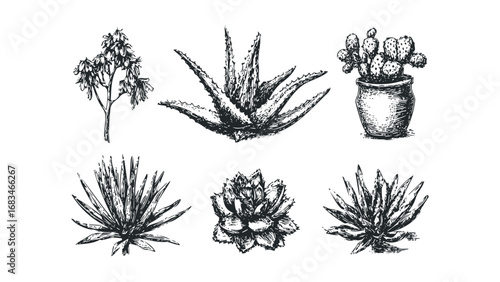 Collection of Hand Drawn Botanical Elements of Succulents and Aloe Vera Plants. Vector hand drawn illustration
