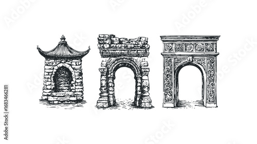 Three architectural archway structures sketch. Vector hand drawn illustration