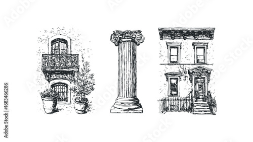 Sketch of an architectural column with a balcony and a building entrance. Vector hand drawn illustration