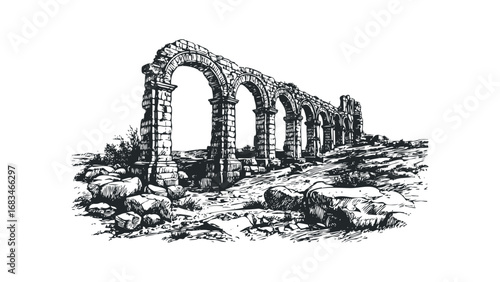 Ancient stone aqueduct ruins with arches and rocky terrain. Vector hand drawn illustration