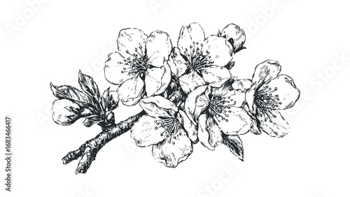 Hand Drawn Cherry Blossoms on Branch, Vintage Botanical Sketch. Vector hand drawn illustration