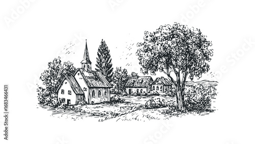 Sketch of small village with church and trees on transparent background. Vector hand drawn illustration