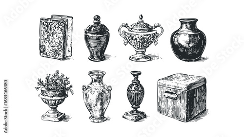 Collection of Antique Decorative Objects and Implements on White. Vector hand drawn illustration