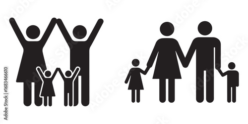 Family silhouette vector icons with parents and children