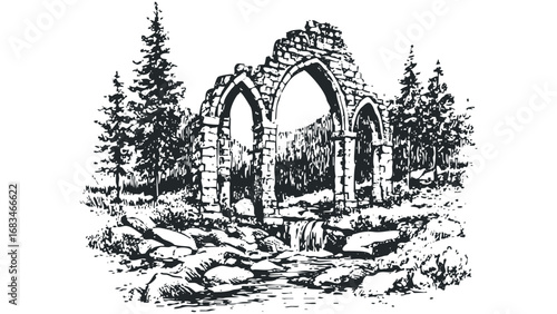 Ancient Stone Archway Ruins in Lush Forest Setting with Cascading Stream. Vector hand drawn illustration