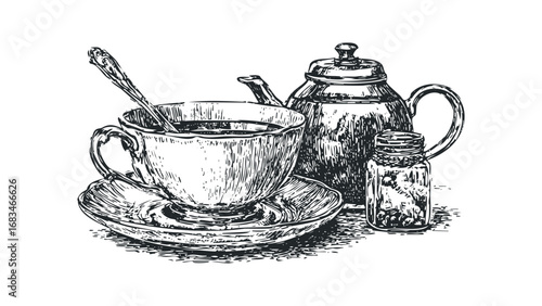 Vintage Teacup With Saucer Teapot and Jar Sketch on White. Vector hand drawn illustration