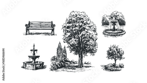 Park scene sketch with bench, fountains, trees, and architecture. Vector hand drawn illustration