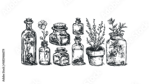 Collection of various sketch drawings of botanicals in glass bottles and pots. Vector hand drawn illustration