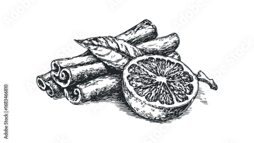 Hand Drawn Black and White Slice of Citrus Fruit and Cinnamon Sticks. Vector hand drawn illustration