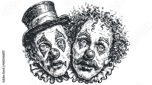 Two expressive clown faces with ruffled collars and vintage hats in a scratchboard style. Vector hand drawn illustration