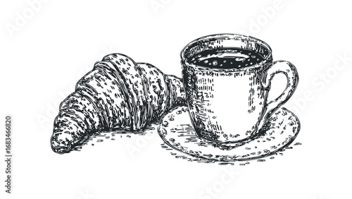 Sketch of a croissant and coffee cup with saucer. Vector hand drawn illustration