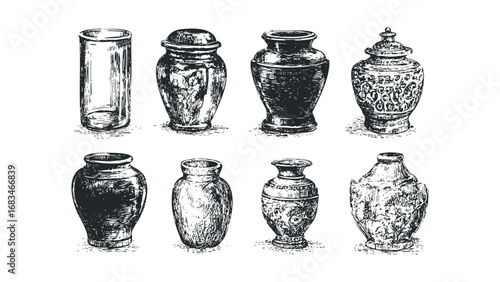 Collection of antique ceramic and glass vessels etched with detailed ornamentation. Vector hand drawn illustration