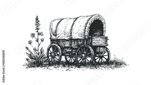 Ink sketch of covered wagon on grassy terrain with wildflowers. Vector hand drawn illustration
