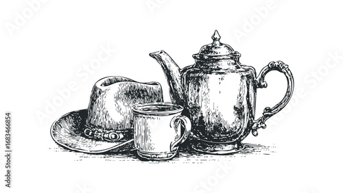 Hand drawn sketch of a classic cowboy hat with a tin mug and antique teapot. Vector hand drawn illustration