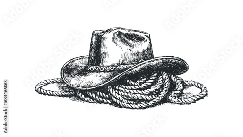 Western Cowboy Hat with Coiled Rope Sketch on Transparent Background. Vector hand drawn illustration