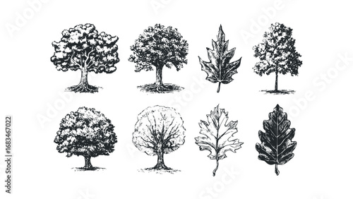 Collection of Hand Drawn Trees and Oak Leaves on White. Vector hand drawn illustration