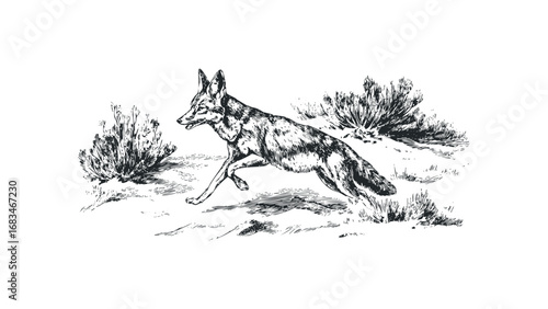Vintage Style Coyote Running Through Scrub Brush. Vector hand drawn illustration