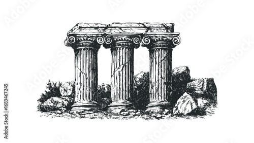 Ancient Greek ionic columns with weathered stone ruins and foliage. Vector hand drawn illustration
