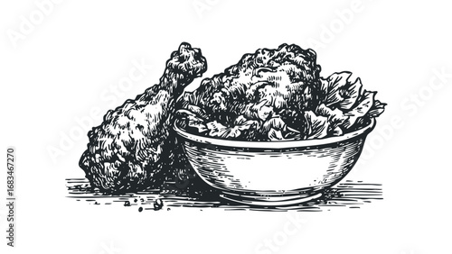 Vintage Style Drawing of Crispy Fried Chicken Drumstick and Pieces in Bowl. Vector hand drawn illustration