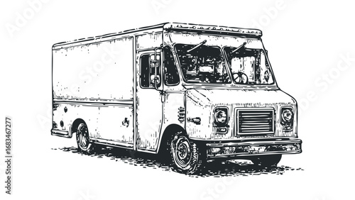 Vintage delivery truck with graphic linework on a white background. Vector hand drawn illustration