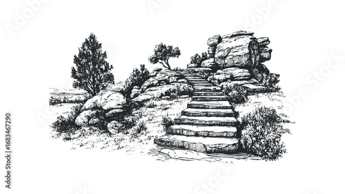 Stone steps ascend a grassy hill dotted with trees and rugged rocks in a detailed ink sketch. Vector hand drawn illustration