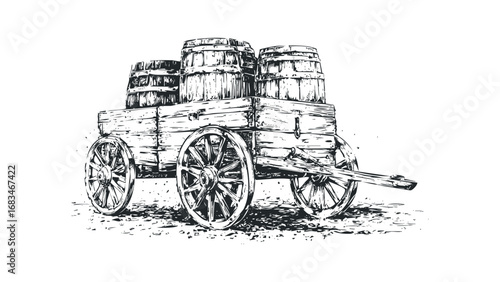 Wooden Wagon Loaded with Barrels on Transparent Background. Vector hand drawn illustration