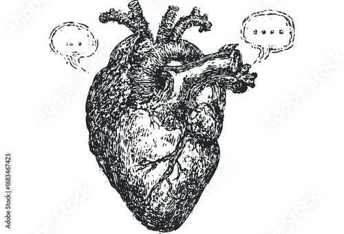 Anatomical heart with speech bubbles showing dialogue, black ink on white. Vector hand drawn illustration