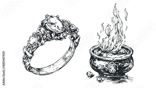 Ornamental ring and bubbling cauldron on transparent background. Vector hand drawn illustration