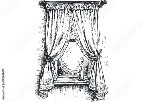 Vintage window with draped lace curtains and a lit candle on the sill. Vector hand drawn illustration