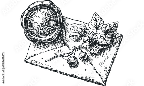 Hand-drawn envelope with wax seal and berries. Vector hand drawn illustration