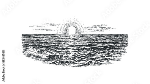 Vintage Engraved Ocean Waves and Sunrise Scene on Transparent Background. Vector hand drawn illustration