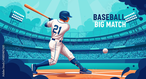 Vector SVG Illustration of Baseball Player Swinging Bat in Modern Flat Style with Blue and White Colors for Sports Icon and Digital Media
