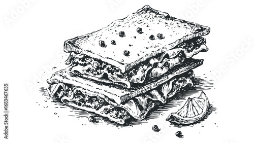 Hand Drawn Sketch of Stacked Sandwiches with Berries and Lemon Slice. Vector hand drawn illustration