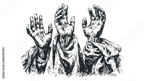 Multiple open hands and draped fabric shown from chest up in a dramatic sketch style. Vector hand drawn illustration