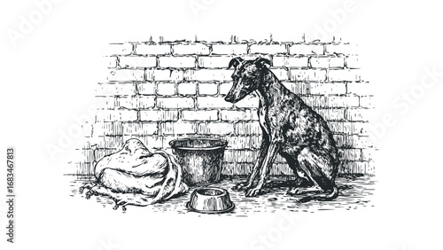 Hound sits by empty food bowl near burlap sack against textured brick wall. Vector hand drawn illustration
