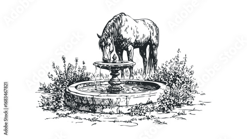 Sketch of a horse drinking from a fountain surrounded by greenery. Vector hand drawn illustration