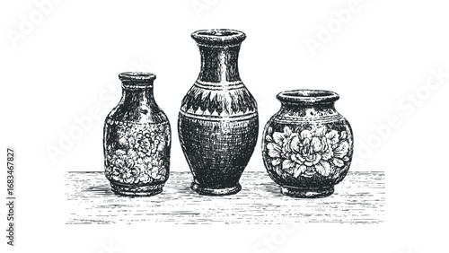 Three detailed hand-drawn vases with floral motifs and etched textures on a white surface. Vector hand drawn illustration