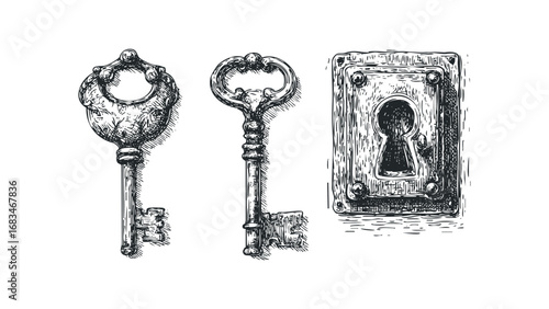 Ornate vintage skeleton key and lockplate on transparent background. Vector hand drawn illustration