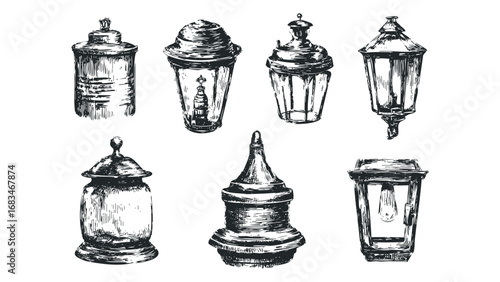 Collection of vintage lamp designs with textured ink drawings on transparent background. Vector hand drawn illustration