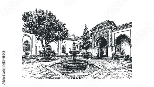 Pen and ink sketch of an ornate courtyard with a central fountain and trees. Vector hand drawn illustration