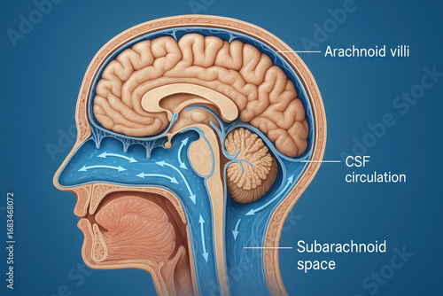 Human Brain Anatomy Illustration: CSF Circulation, medical illustration