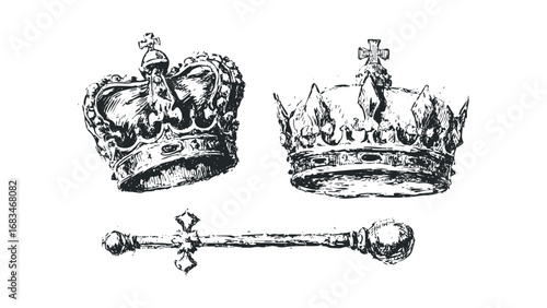 Two ornate crowns and a scepter depicted in a sketched style. Vector hand drawn illustration