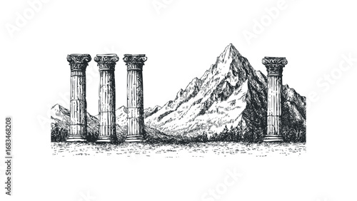 Ancient Greek Ionic Columns Standing Before Majestic Mountain Landscape. Vector hand drawn illustration