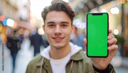 Smiling young man holding a smartphone with a green screen for content display in an urban outdoor setting.