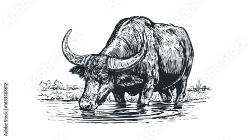 Water Buffalo Drinking from a River Sketch on White. Vector hand drawn illustration