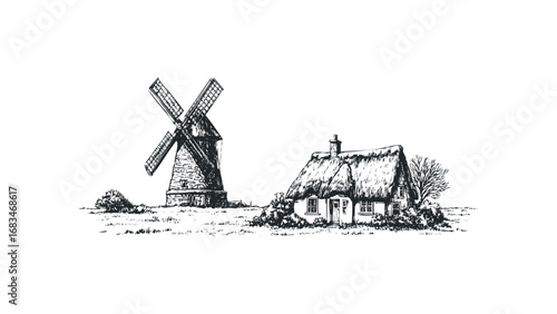 Sketch of thatched cottage and stone windmill in rural landscape. Vector hand drawn illustration