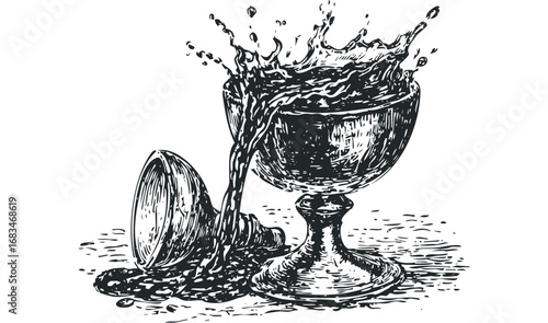 Sketch of liquid splashing from an ornate goblet on a white background. Vector hand drawn illustration