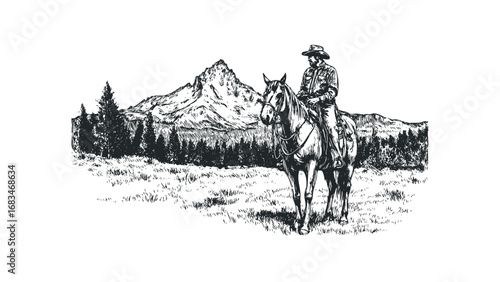 Western cowboy riding horse with mountain and forest landscape. Vector hand drawn illustration