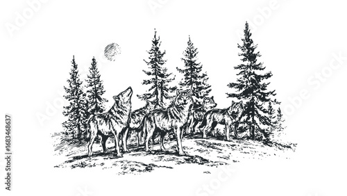 Pack of wolves in a forest under the moon. Vector hand drawn illustration